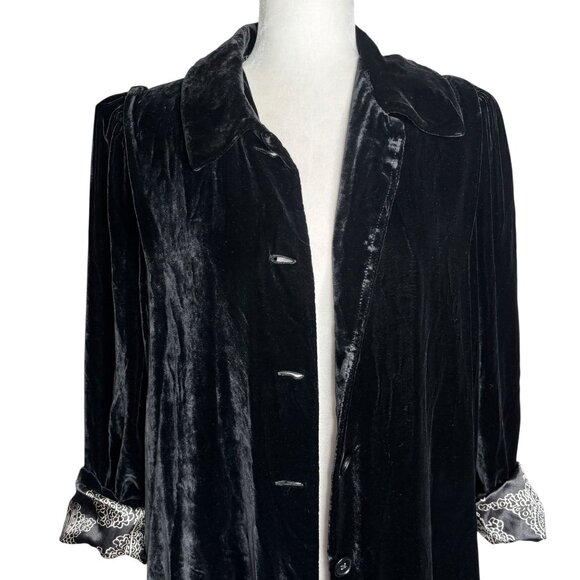 Lily Black Silk Velour Velvet Button Up Duster Coat Medium Floral Lined Pockets - Picture 2 of 8